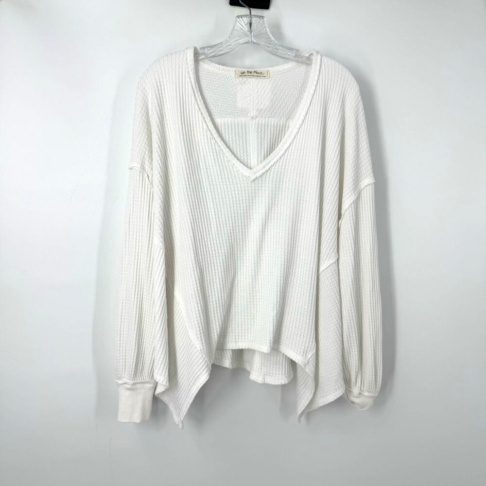 We the Free People Coraline Oversized Waffle Knit Top XS White V Neck Boho